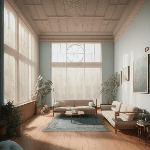 AI generated: High resolution photography interior design, dreamy sunken living room conversation pit, wooden floo...