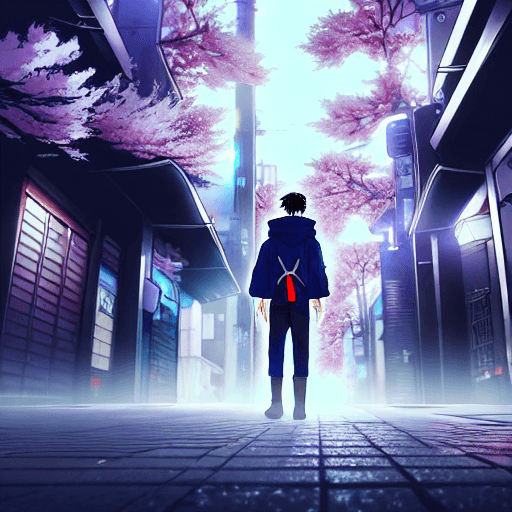 AI generated: anime key visual of man in grey cloak with dagger walking in Cyberpunk Tokyo City, from the anime Ch...