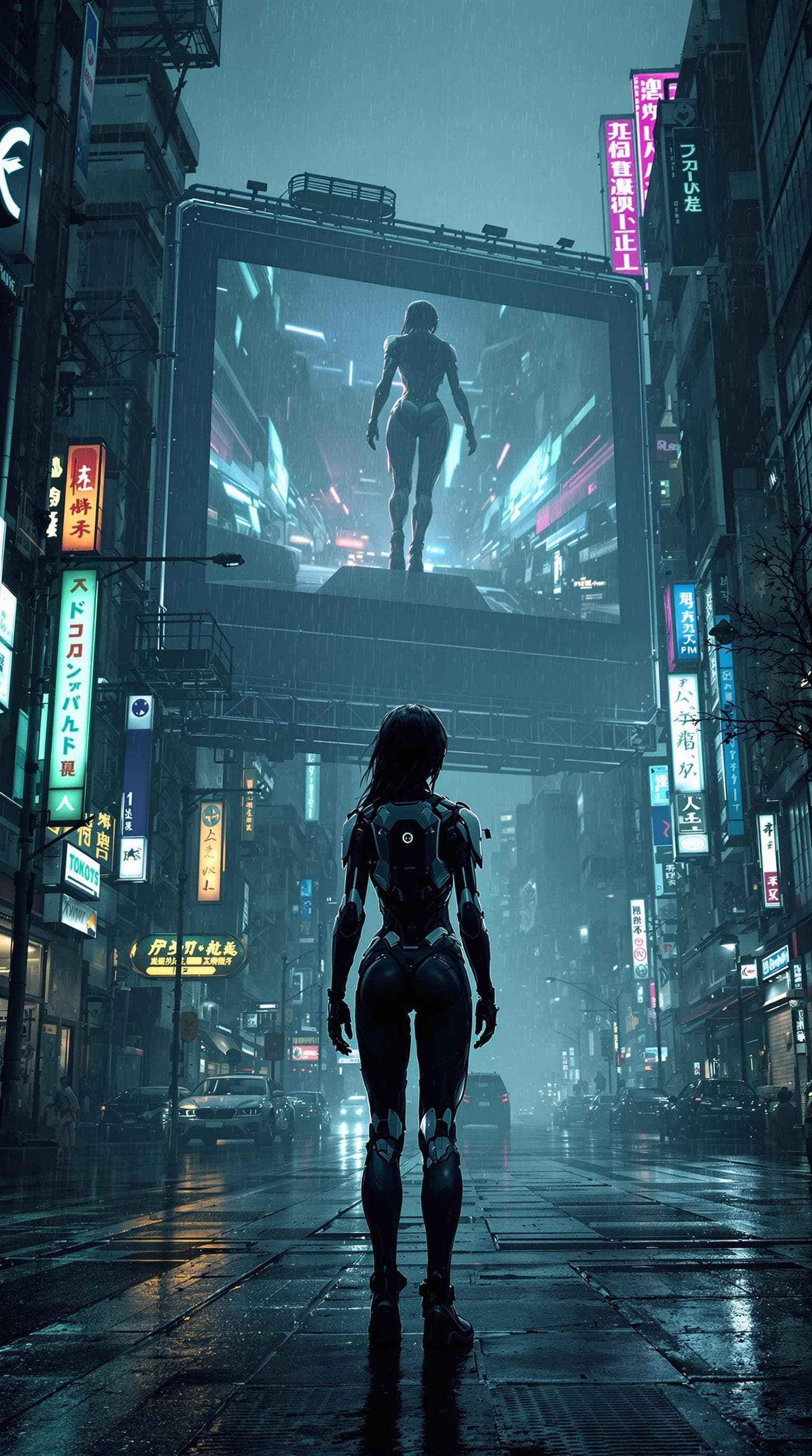 AI generated: cyborg girl standing in a rainy gloomy city watch a video on a huge billboard in a futuristic city l...