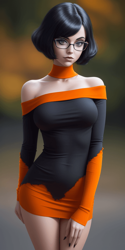 AI generated: 
professional portrait, goth girl, velma from scooby-doo, a girl wearing eye glasses and an orange t...