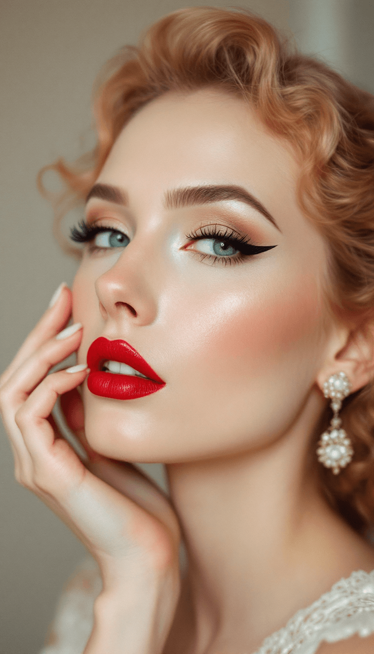 AI generated: Drawing inspiration from past eras, often featuring winged eyeliner, red lips, and soft, romantic sh...