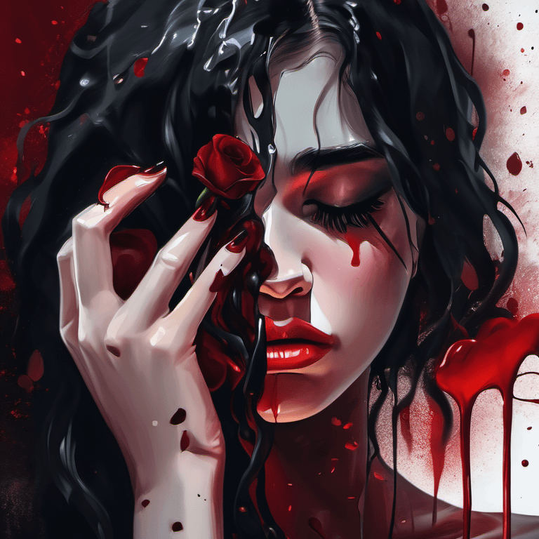 AI generated: close up of a narcissistic 17yo girl crying, broken heart, dripping oil, (roses:1.1) around, heartbr...