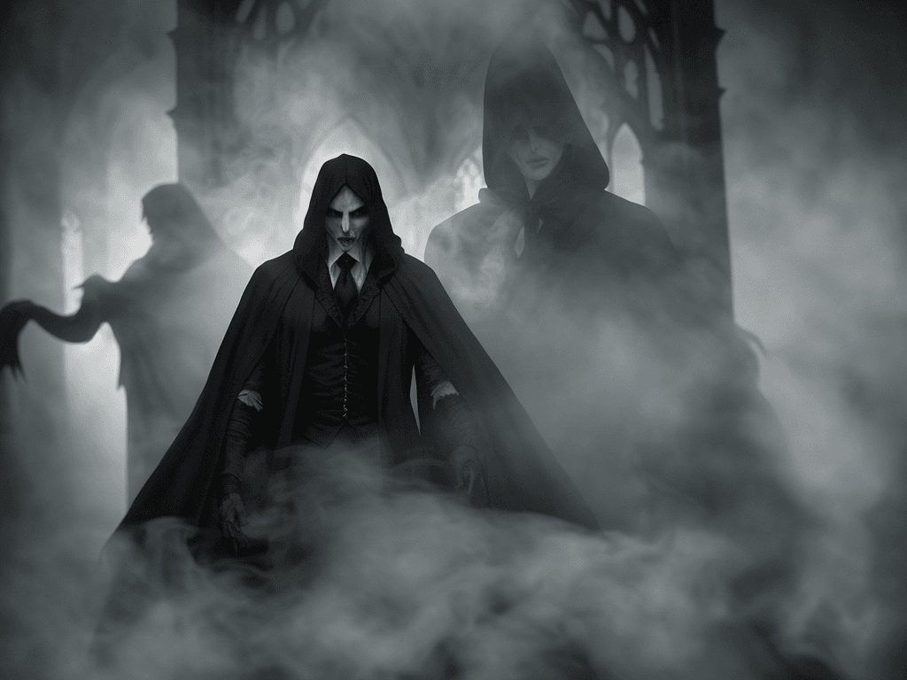 AI generated: A gothic scene unfolds with a vampire enshrouded in a ghostly robe, his form emerging from the smoke...