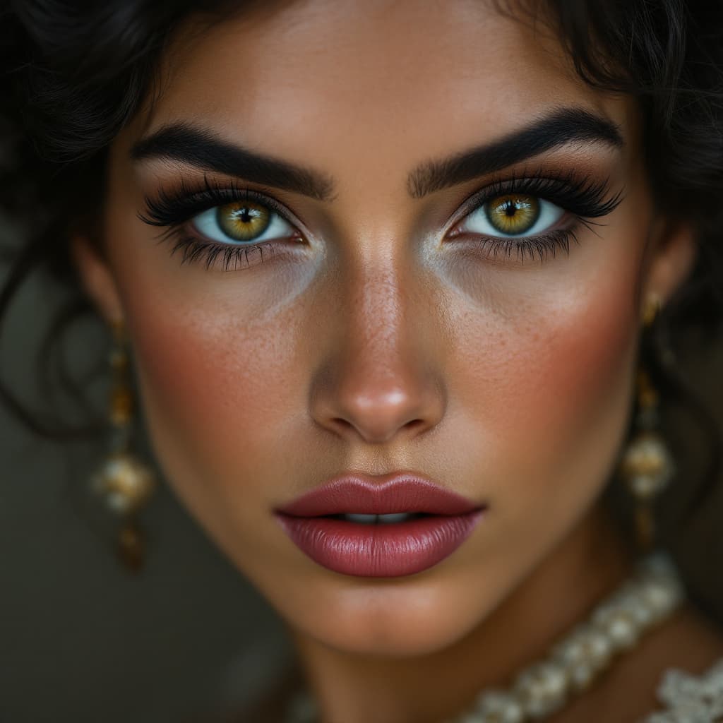 AI generated: A close-up portrait of a woman from Brazil with a full mouth and large eyelashes, the woman's face h...