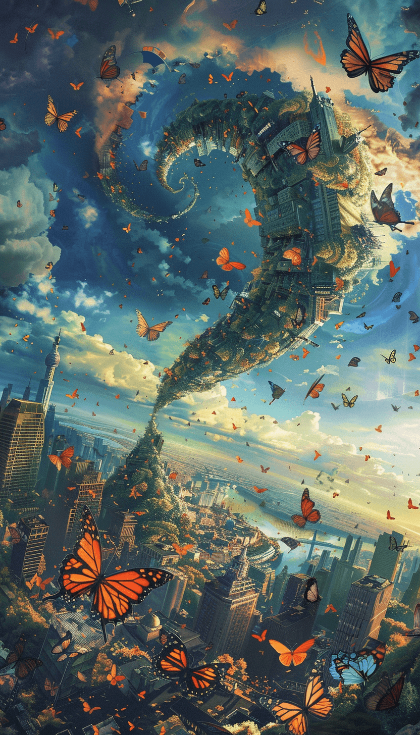 AI generated: the butterflies flying over a city and skyscape, in the style of fantastical otherworldly visions, v...