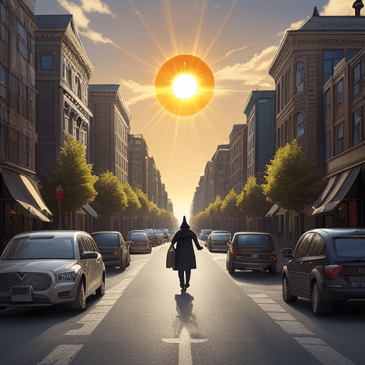 AI generated: An evil realm with his streets, lands, houses, trees, sun, stores, vehicles, libraries, Restaurants ...