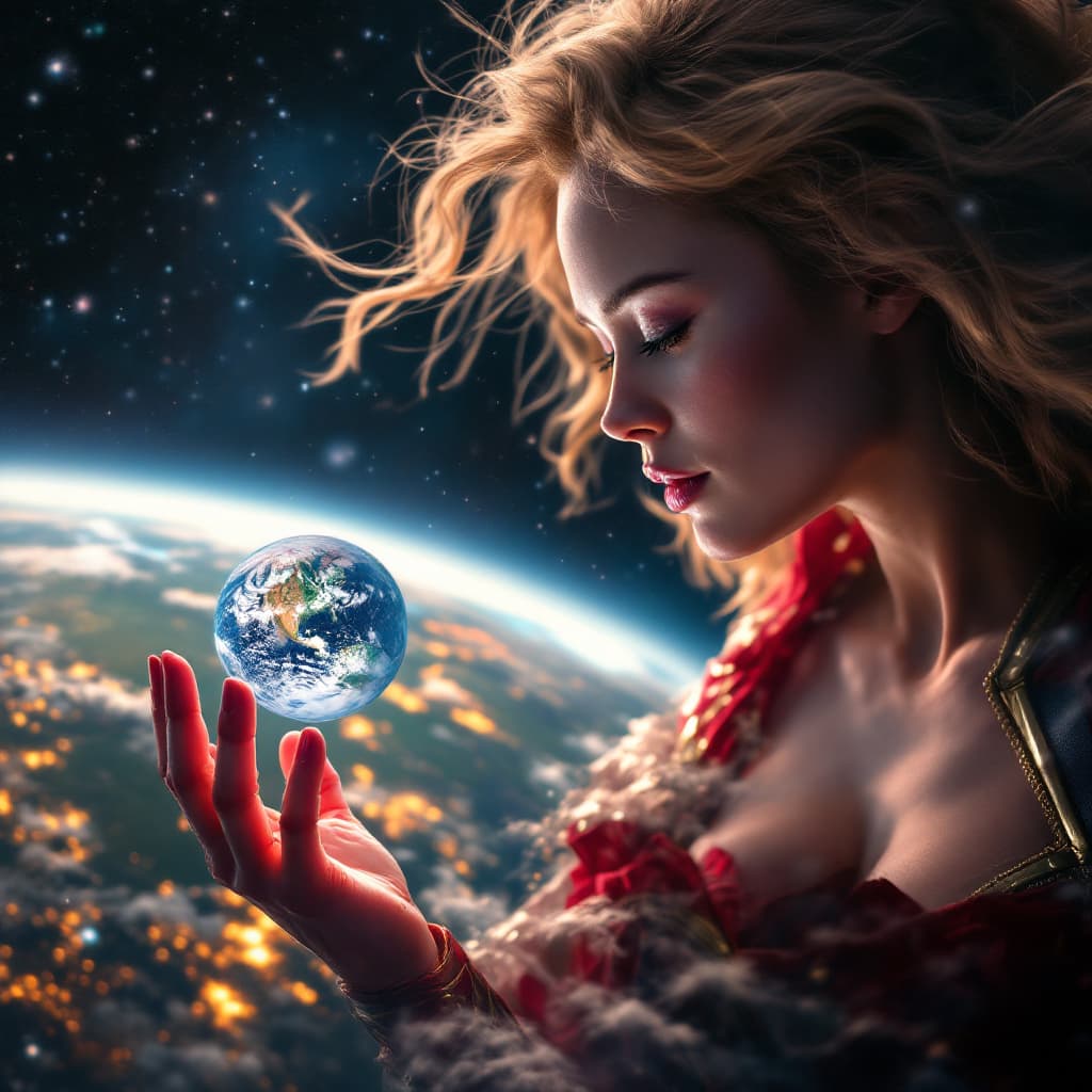 AI generated: enormous cosmic giantess captain marvel brie larson floating through space, looming over the tiny ea...