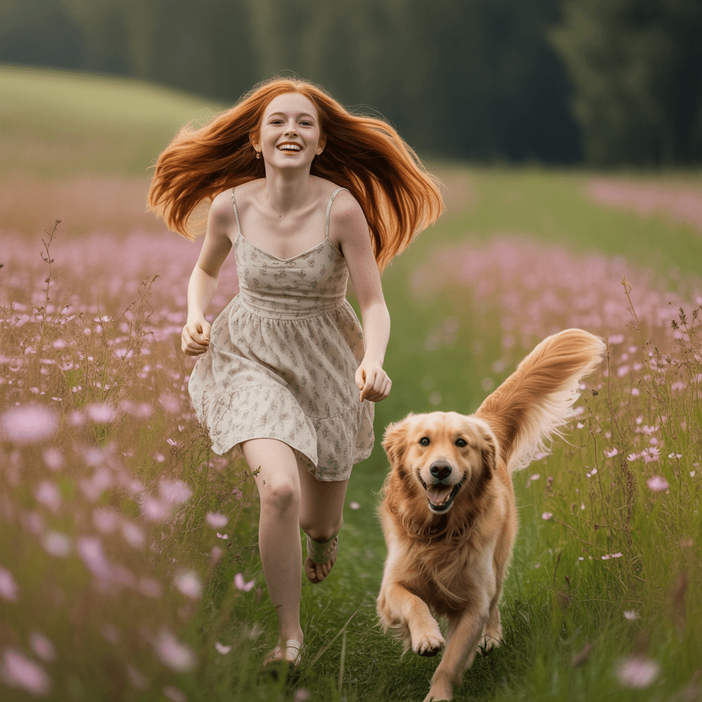 AI generated: a field of flowers and a beautiful girl is running in it while her dog trails behind her
