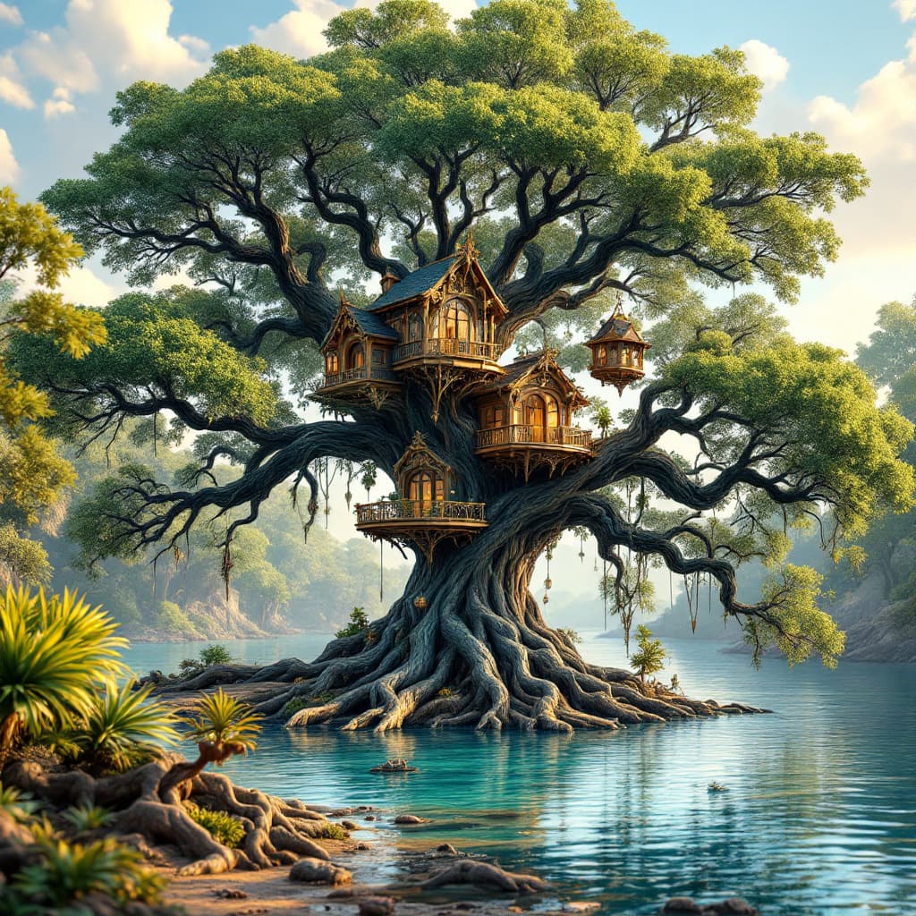 AI generated:  A majestic, turquoise-hued Angel Oak tree, its gnarled branches stretching towards the sky, support...