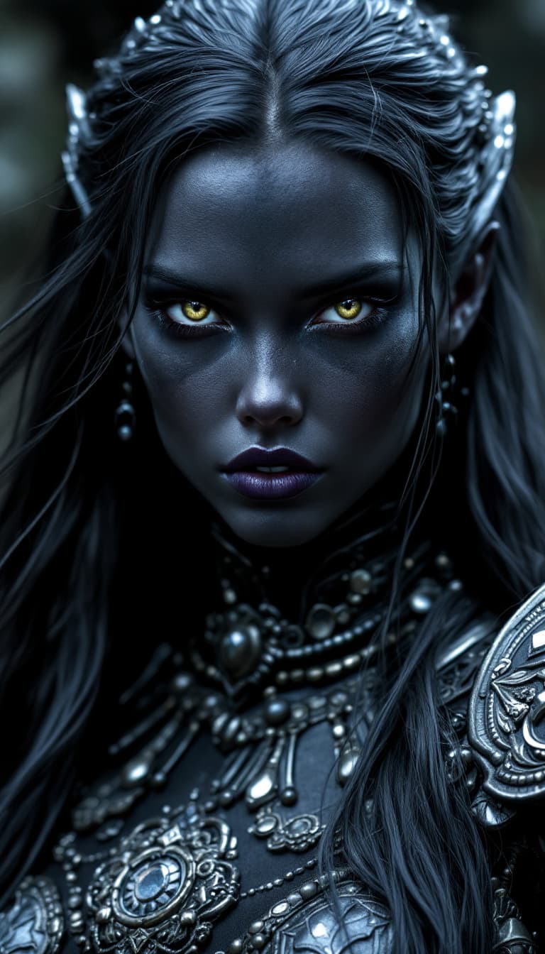 AI generated: Beautiful, long hair, woman with skin made entirely of polished obsidian texture, enigmatic look, fe...