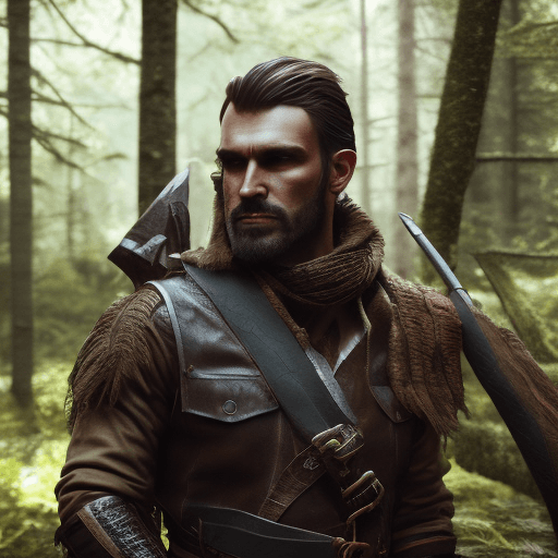 AI generated: Photo of a handsome and rugged hunter wearing leather and cloth attire, upper body, outdoors, forest...