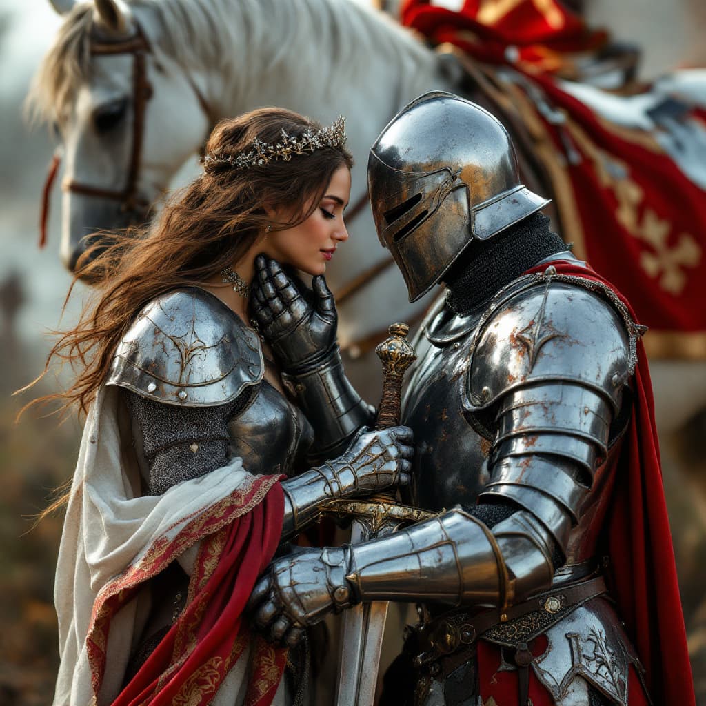 AI generated: An ultra-realistic, zoomed out,  full-body portrait of a noble Knight in battle damaged silver armor...