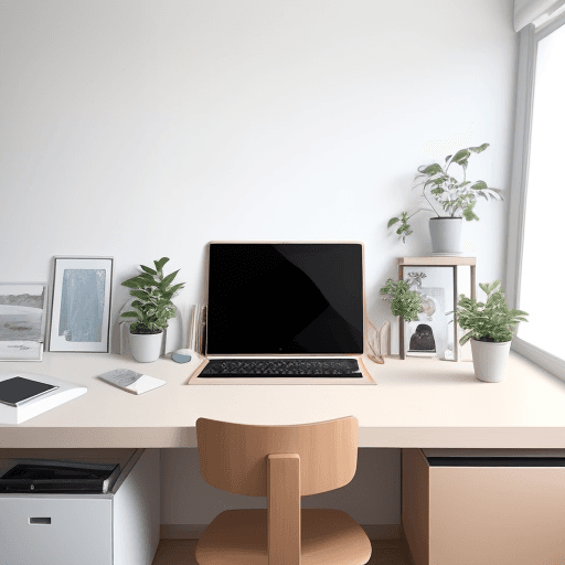 AI generated: a minimalist studio, ipad standing in the center of the screen frame. any gadget below with aestheti...