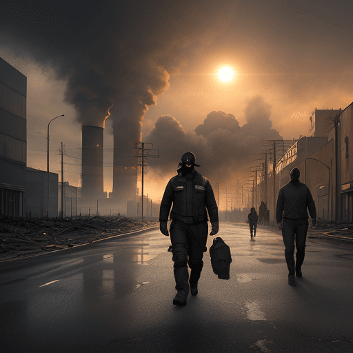 AI generated: polluted urban environment, realistic, 3d, smoke coming out of industry chimneys, people with normal...