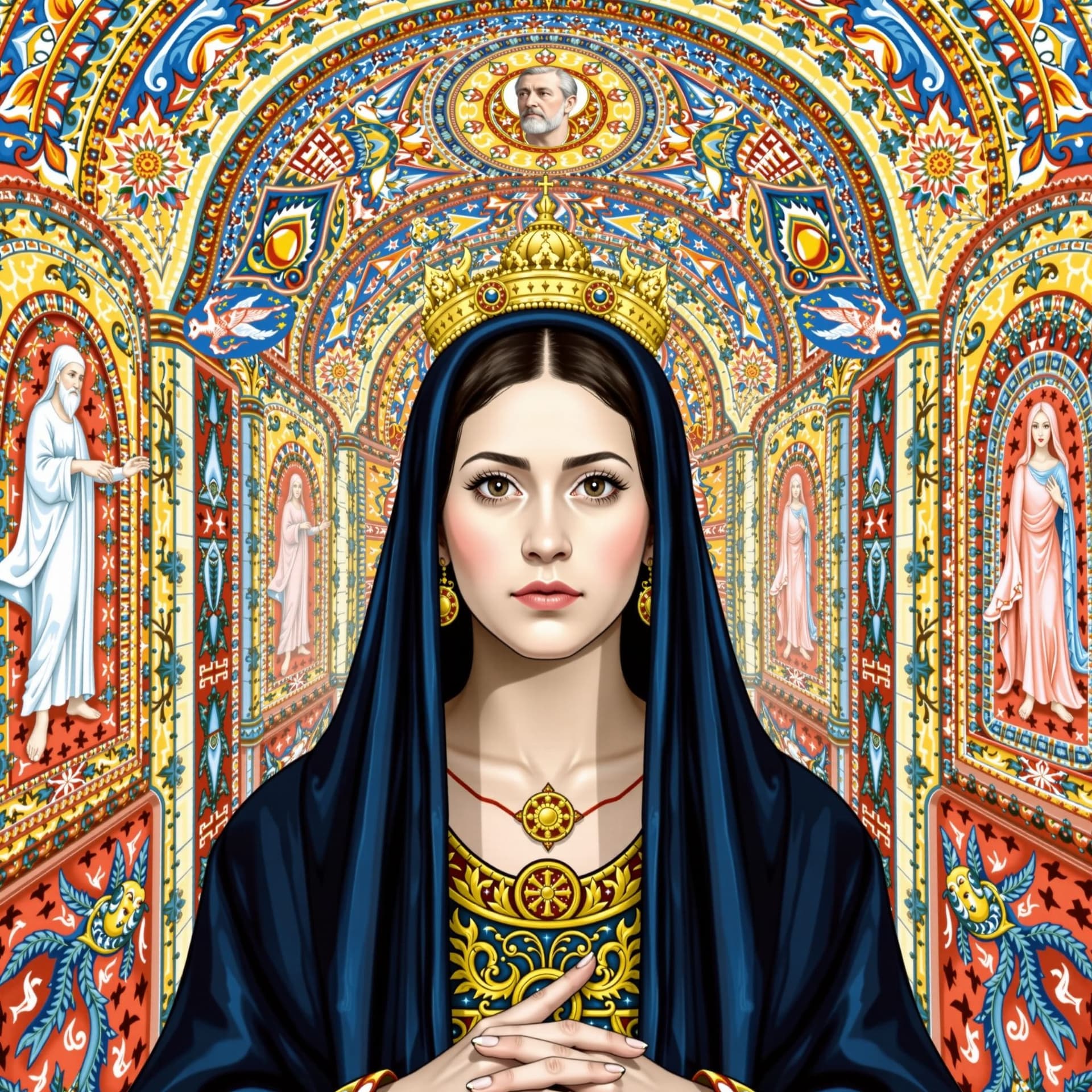 AI generated: "Theodora, cunning and charismatic, holds court in a mosaic-filled Byzantine church, her presence do...