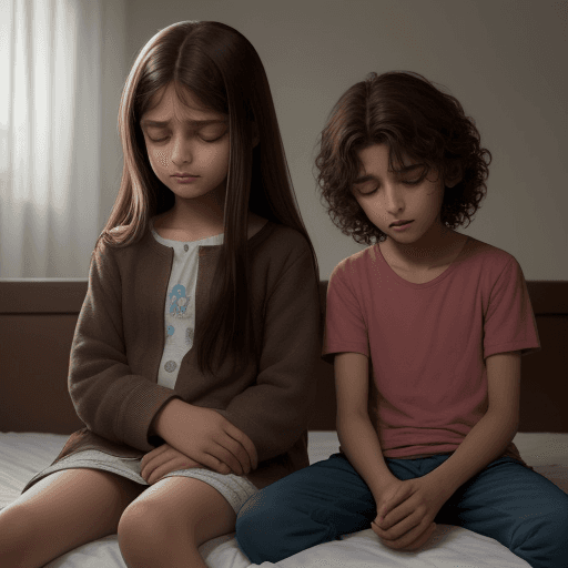 AI generated: Sana, 10-year-old girl, has long dark brown straight hair. has quietly woken up Sam, a 12-year-old b...