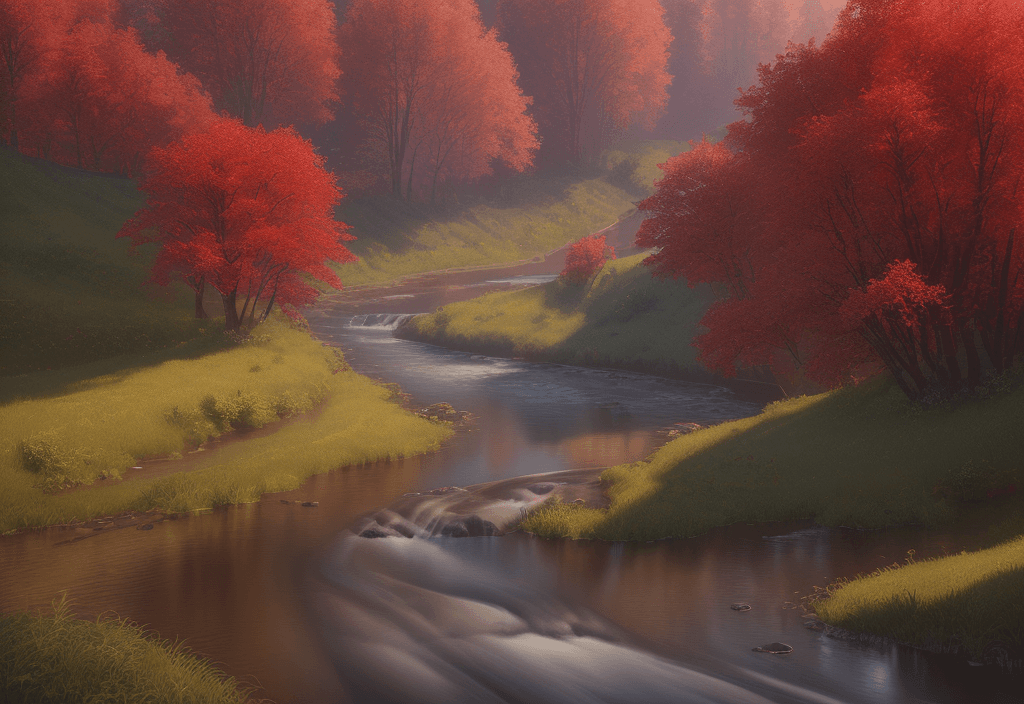 AI generated: photorealistic oil on canvas, 
small hills, river, trees, red
beautiful setting, summer,
Foreground,...