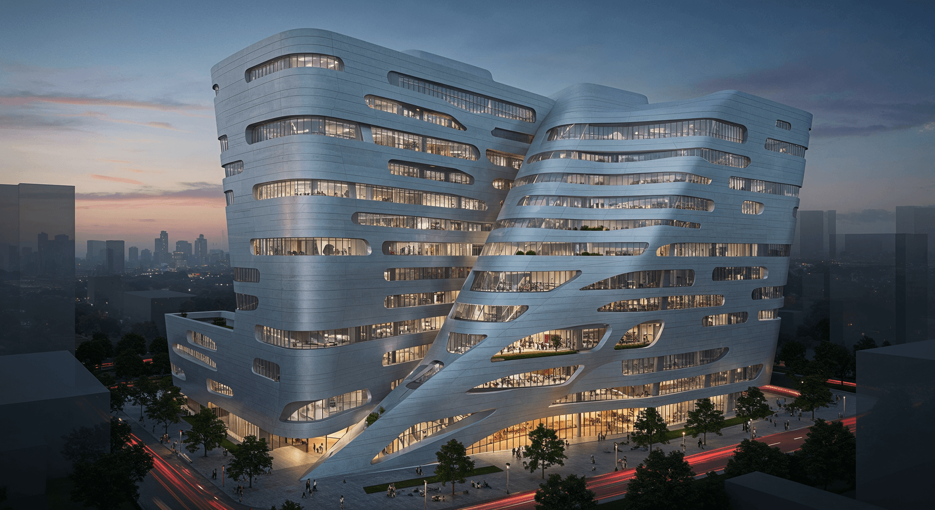 AI generated: cityscape backdrop, style of Zaha Hadid, evening, artificial lighting, cuttingedge, silvergray tones...
