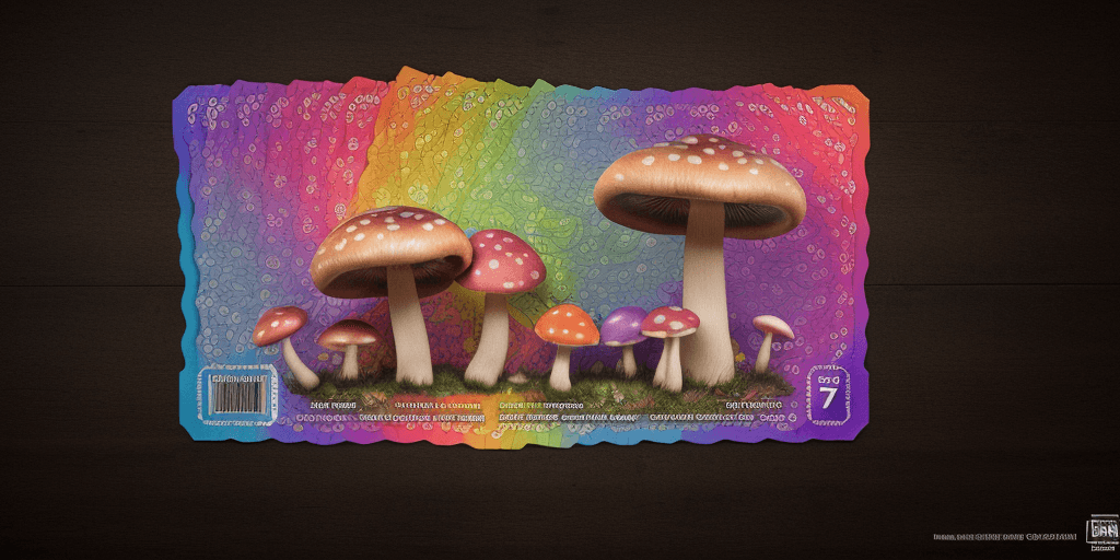 AI generated: Hyper realistic printed ticket pdf, with name Miguel, with mushrooms, happiness, colorful; 8k, intri...