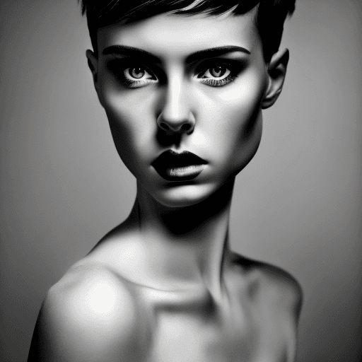 AI generated: A dramatic portrait of a young woman with a stylish haircut and piercing eyes. The photo is shot in ...