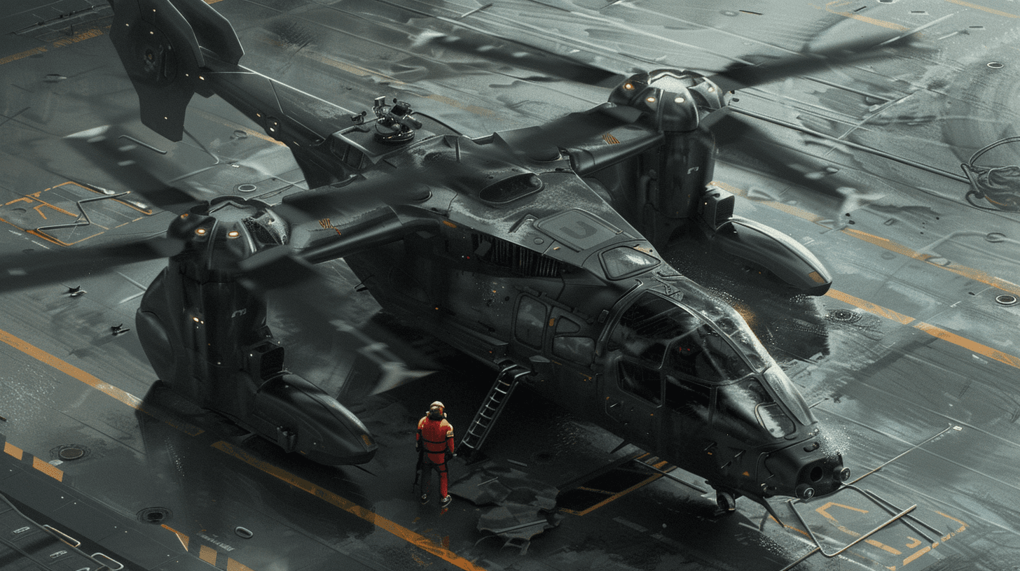 AI generated: oncept art of an open air black military helicopter with four wings and two blades parked on the dec...