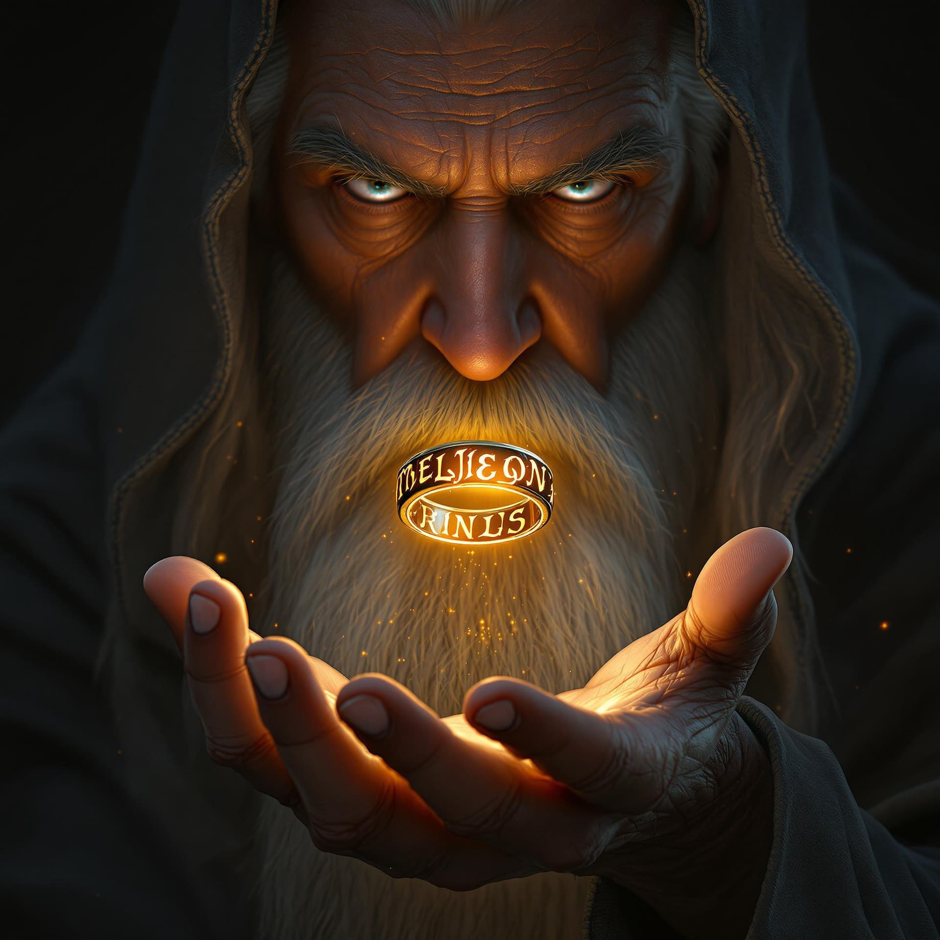 AI generated: A hyperrealistic close-up, half-figure portrait of Gandalf the Grey, his intense gaze focused downwa...