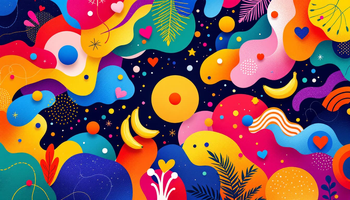 AI generated: Vibrant, colorful design elements fill the image, radiating outward from the small circle center. Ab...