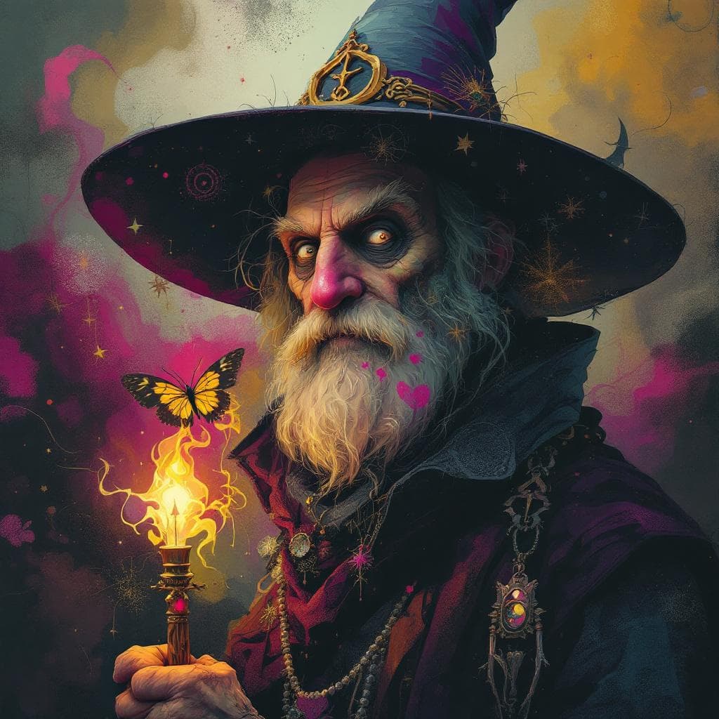 AI generated: An abstract image of a modern day wizard in a whimsical and surreal art style, with dark fantasy ele...