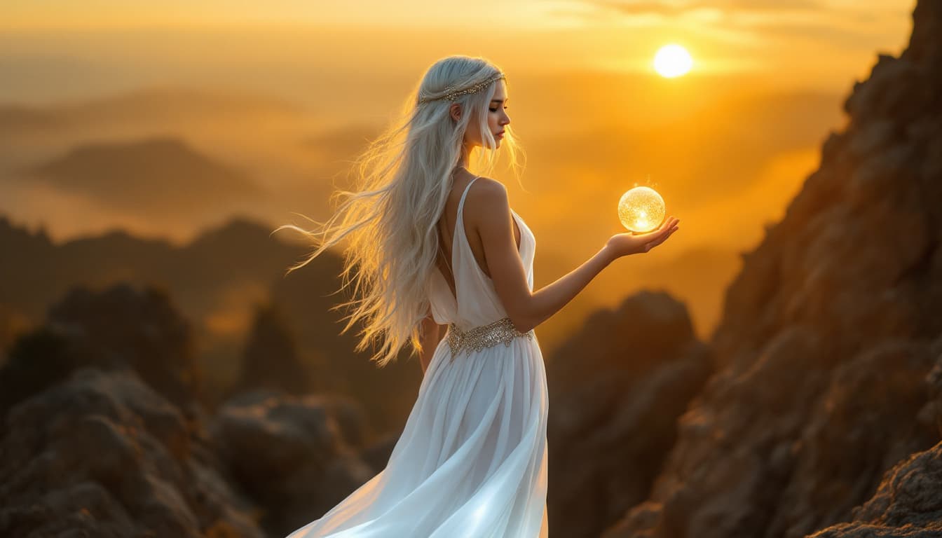 AI generated: a breathtaking portrait of a stunningly gorgeous 25 year old woman standing atop a rocky outcropping...