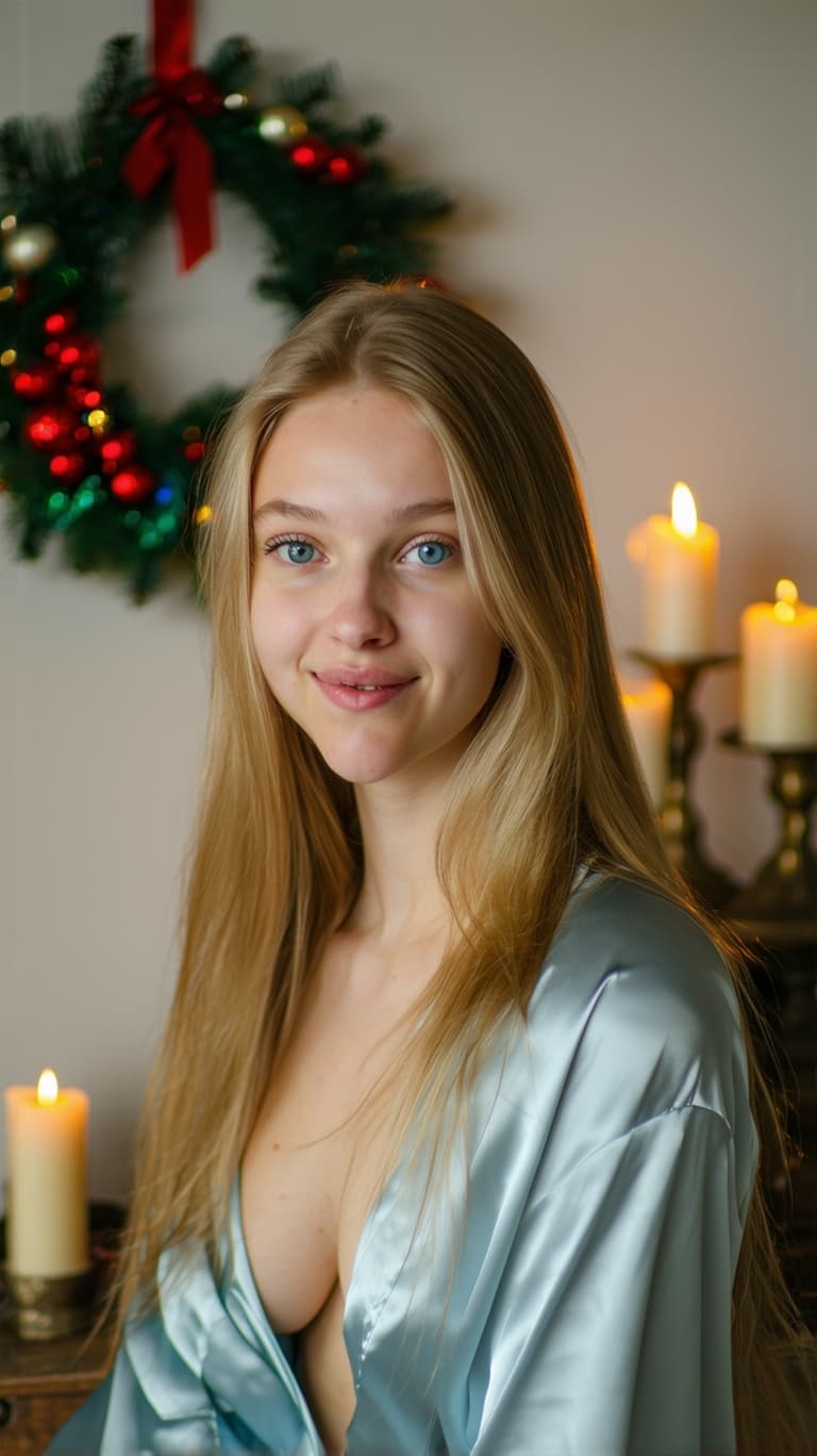 AI generated: 20 years old woman, with long, blonde hair, centered in the image, is captured in a close-up, slight...