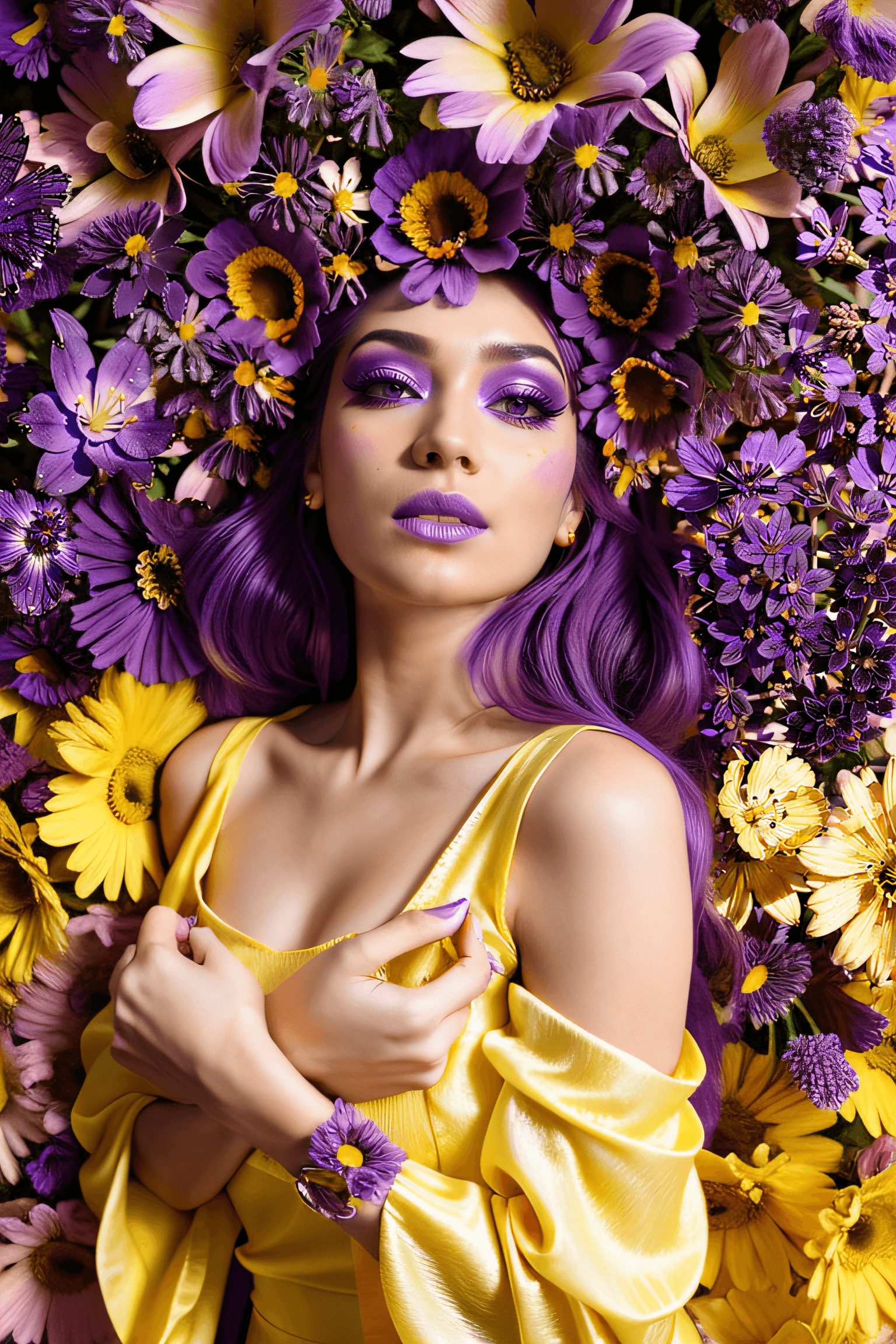 AI generated: beautiful woman in yellow outfit with purple hair and flowers in it, purple make up
BREAK
(purple ...