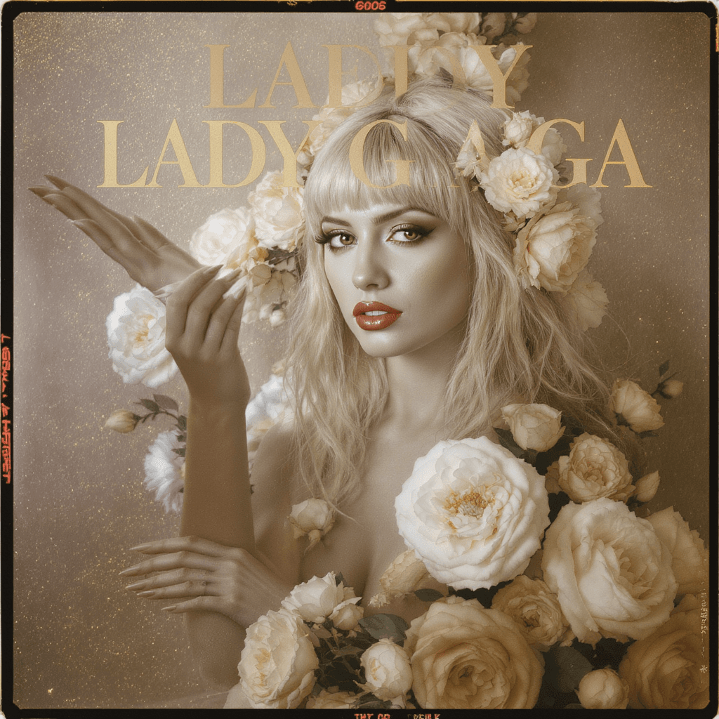 AI generated: lady gaga cd cover photograph flowers, in the style of helene knoop, light bronze and gold, peter co...