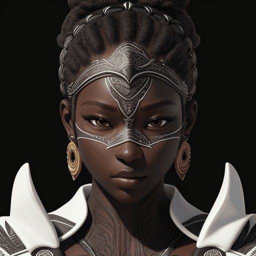 AI generated: intricate closeup shot, masterpiece artwork, black skin-tight body, tribal, suit, white accent, deta...