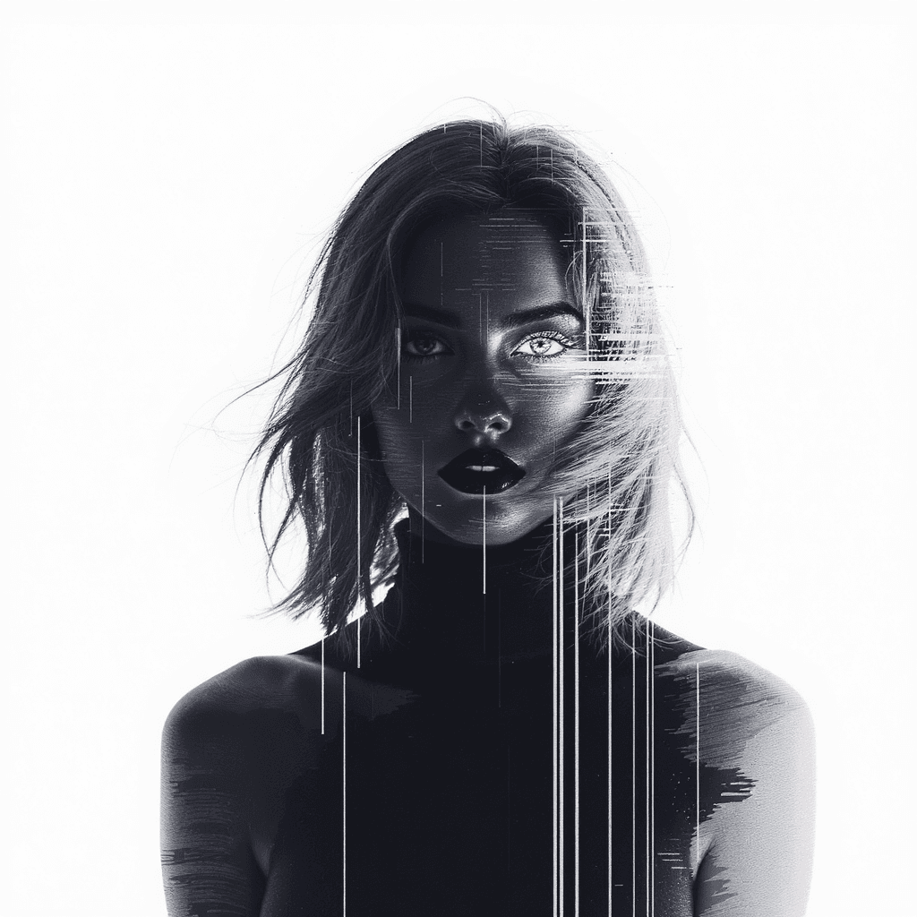 AI generated: glitch art portrait, single woman with clearly defined edges, gaze, pure white background, clean min...
