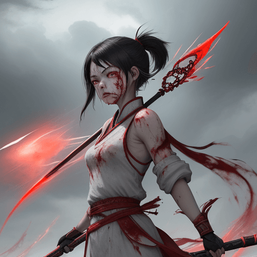 AI generated: 1girl, blood on face, angry, <lora:nezha_20230529030816:0.75>, holding spear, (flying), chinese myth...