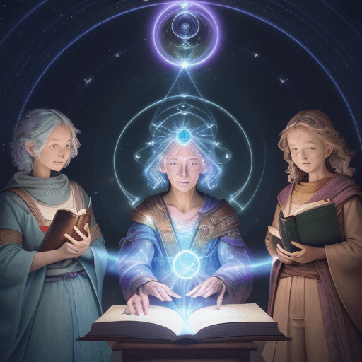 AI generated: A diverse group exchanging knowledge through glowing books, scrolls, and holograms. Imagine people o...