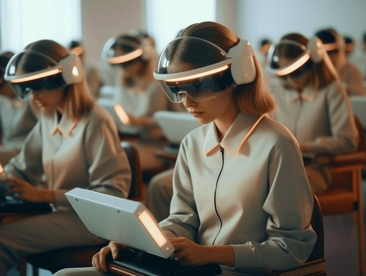 AI generated: disposable photography of student are studying in the classroom, with futuristic device, 8k, photo r...