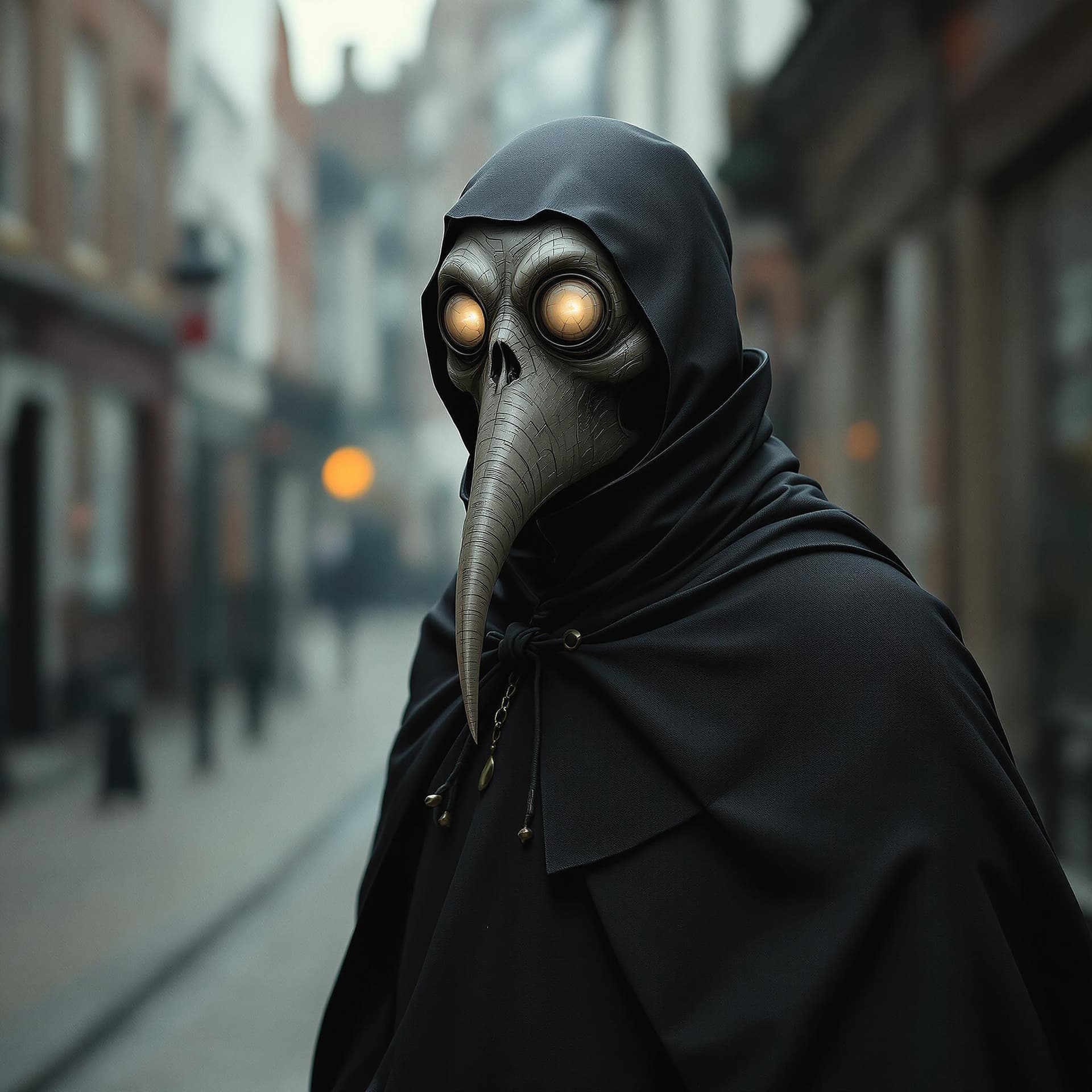 AI generated: surrealistic creature wearing a plague doctor mask with glowing eyes, wearing black cloak, stood on ...