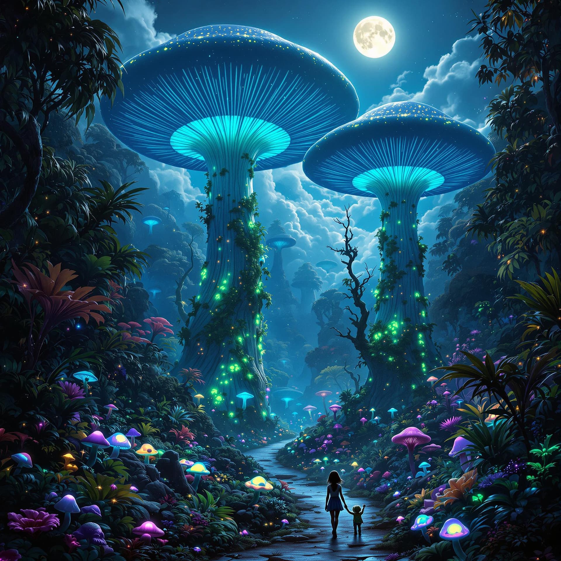 AI generated: A vertical view of an alien tropical jungle, where massive glowing mushrooms with blue and green bio...