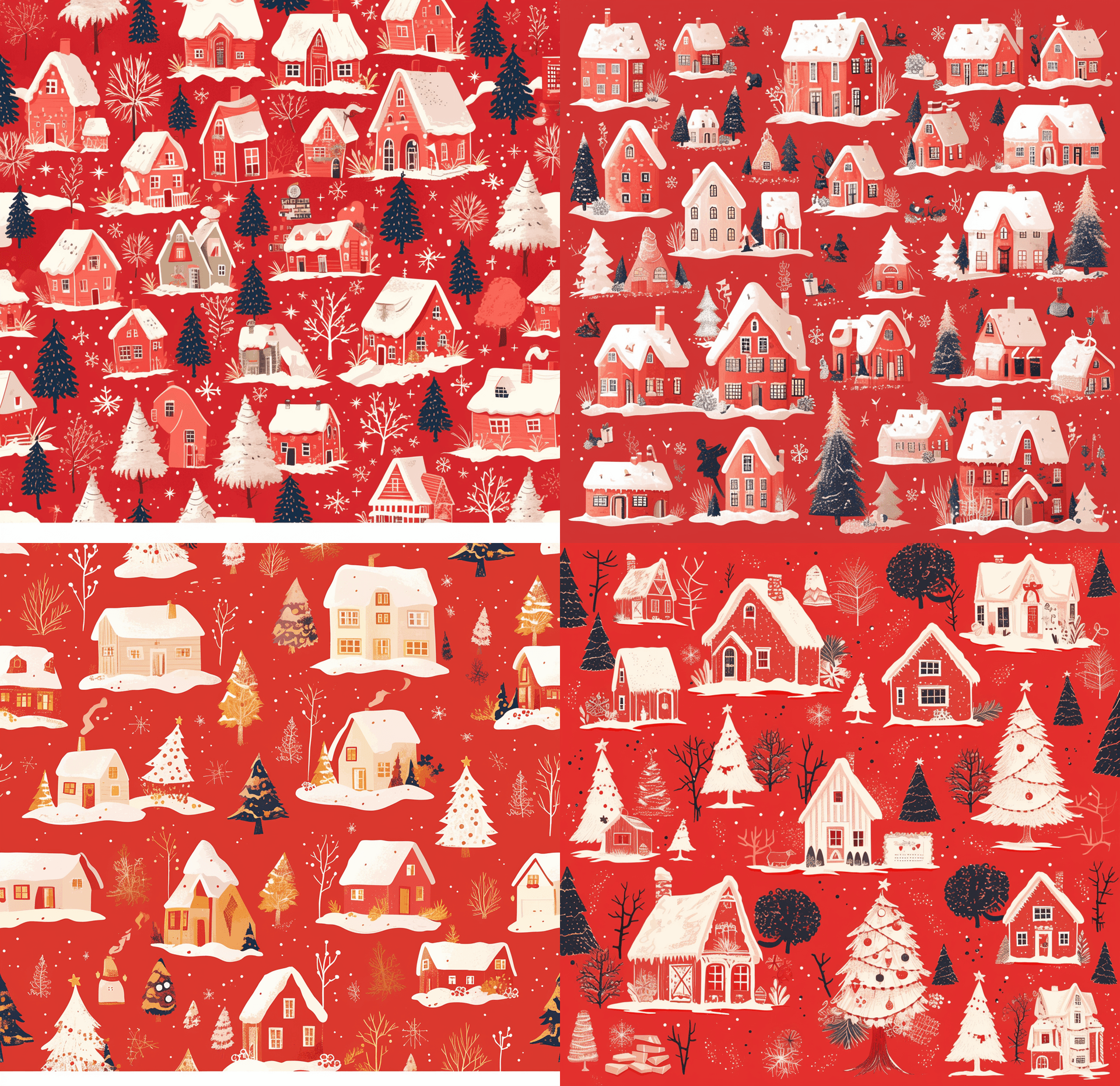AI generated: red and white Christmas themed houses and trees pattern, sticker sheet, with a photo realistic winte...