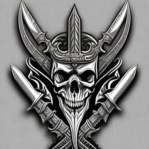 AI generated: intricate sword skull icon, fantasy badge, emblem, black background, two colours --v 4