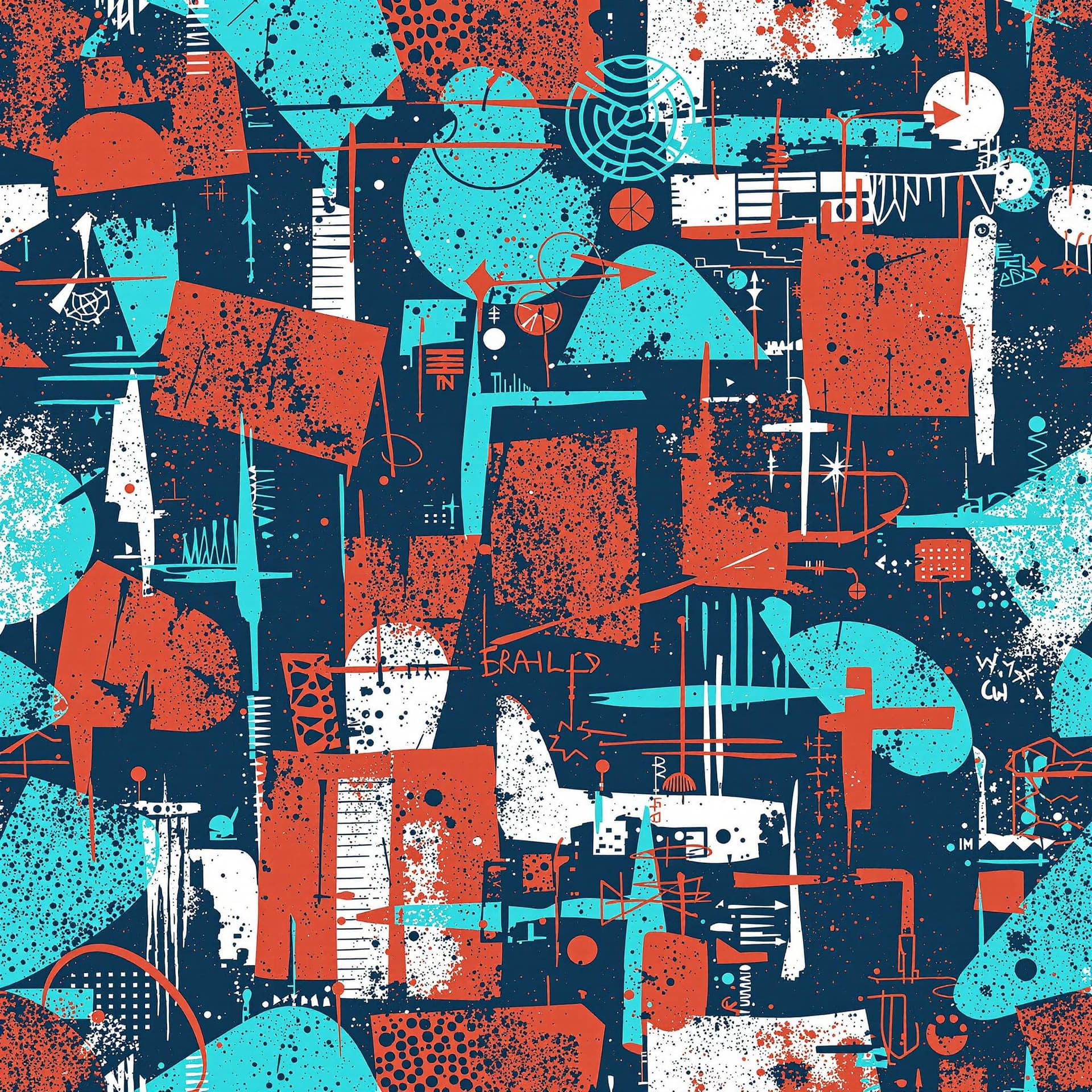 AI generated: "Seamless pattern inspired by urban textures and graffiti art. Deep indigo base with overlays of ele...