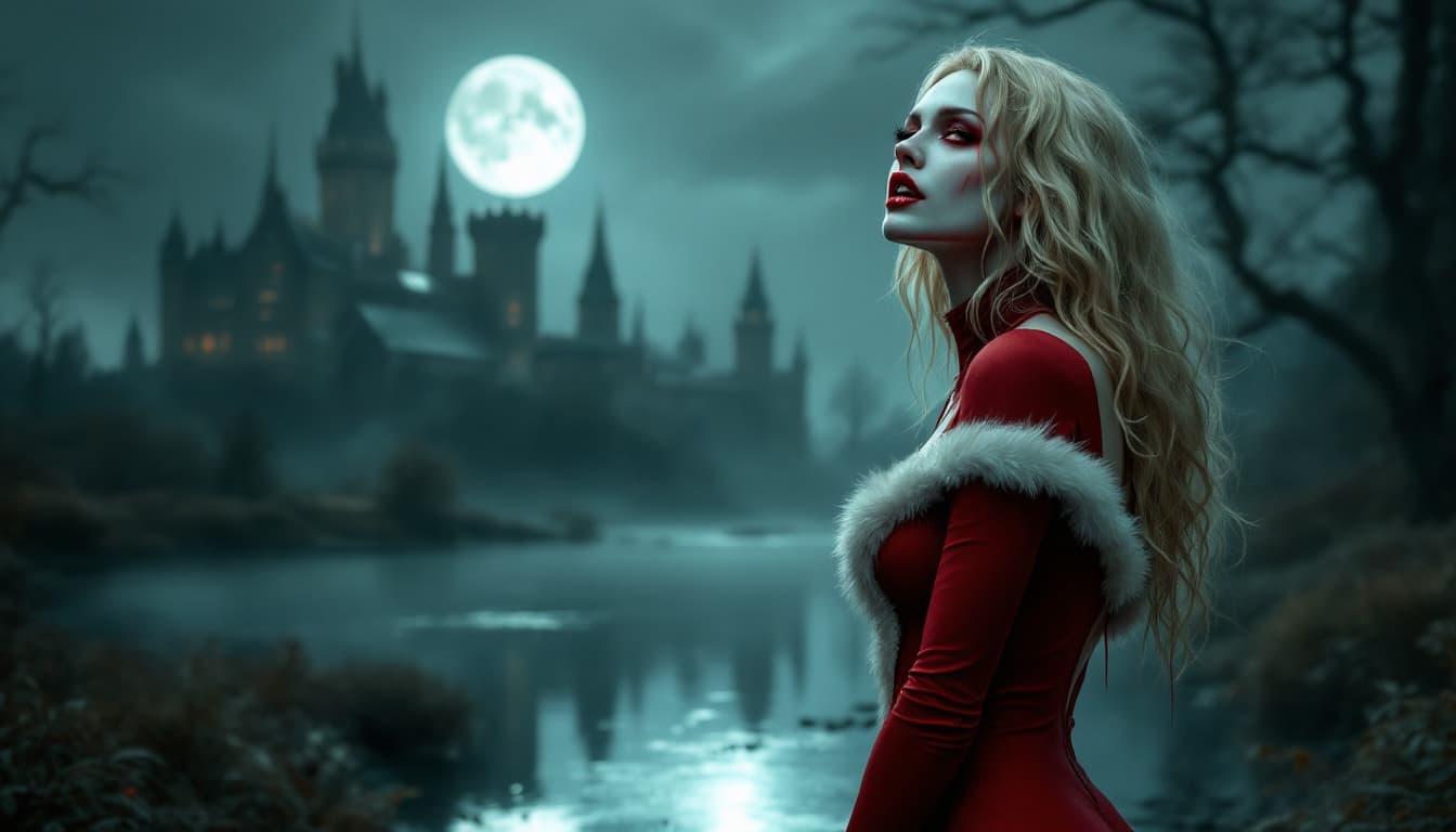 AI generated: a vampire woman with visible six inch long incisors, crimson liquid dripping down from the corners o...