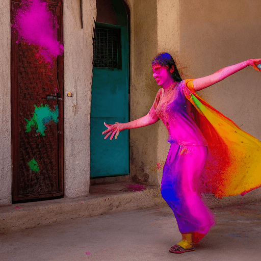 AI generated: holi images with a beautiful Palestinian woman dancing around the rebels of her own house around bod...