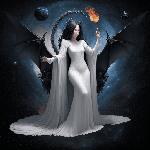 AI generated: a black dragon covers a woman with its wings. whom she loves, a beautiful witch, she is in white clo...