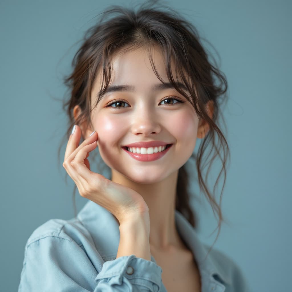 AI generated: Photo of a ultra realistic of this girl says hello with her hand and smile, in topless 