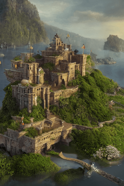 AI generated: Indian castle surrounded by water and nature, village, volumetric lighting, photorealistic, insanely...