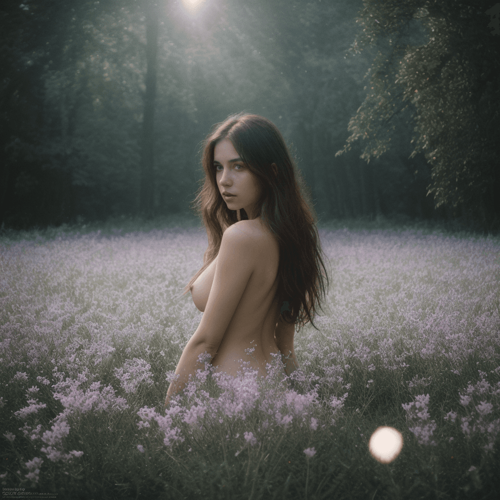 AI generated: Her back to the camera, standing in front an old stone wall, (overgrown:1.1) with (purple:1.1) and (...