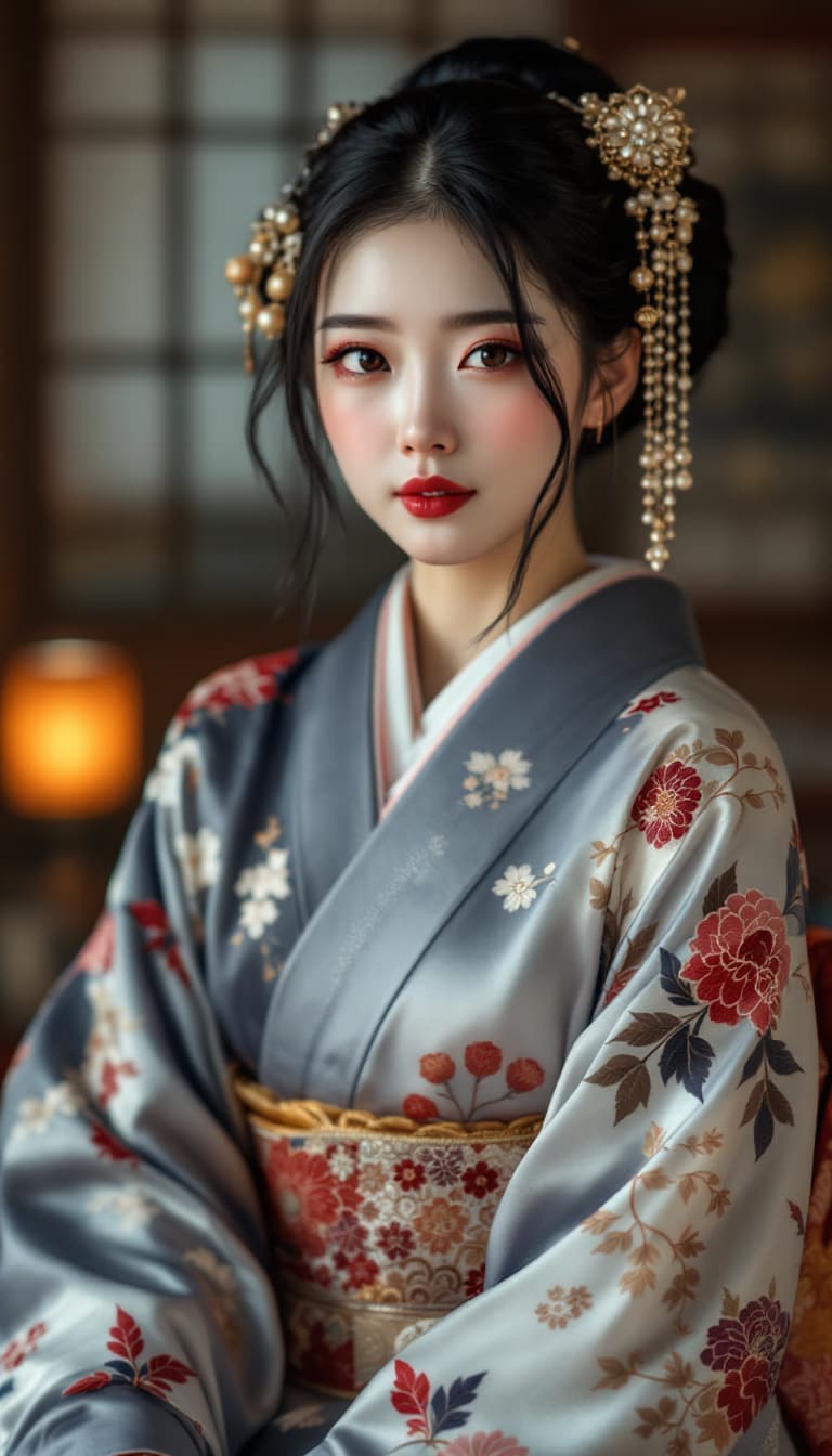 AI generated: A photo of a 24-year-old Japanese geisha looking like Nana Komatsu, super exposing a silk kimono wit...