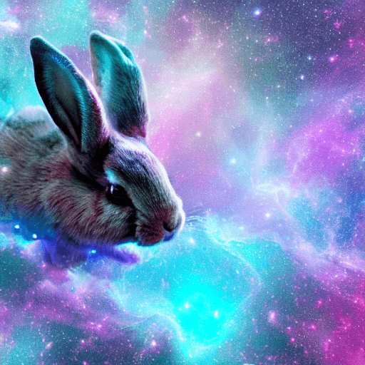 AI generated: galaxies, spirals, space, nebulae, stars, smoke, iridescent, intricate detail, in the shape of a rab...